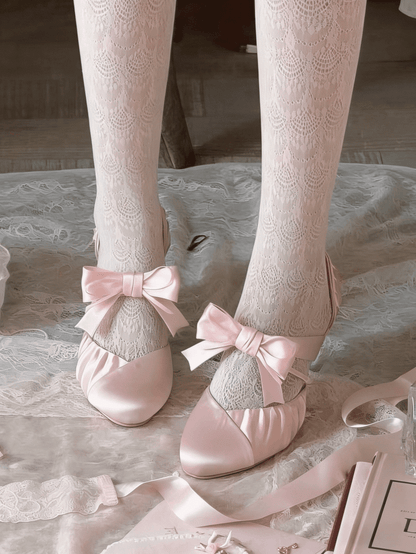 Lolita Satin - Accents Heels Toe Bow Pink Mary Jane Pointed Elegant