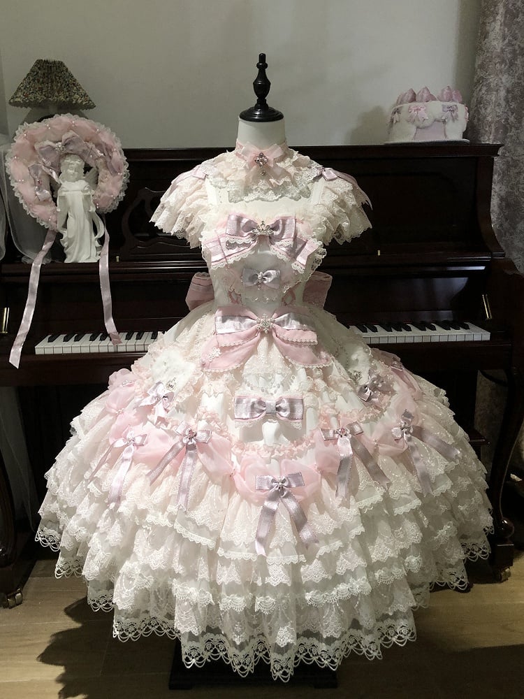 Dress Lolita Hime Accents Pink Skirt and Princess Layered with Bow Pearl