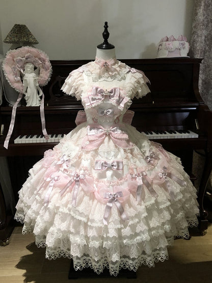 Dress Lolita Hime Accents Pink Skirt and Princess Layered with Bow Pearl