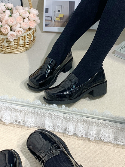 Low-heel/Mid-heel Black Preppy Style Loafers with Fleece Lining & Slip-in Fit Design