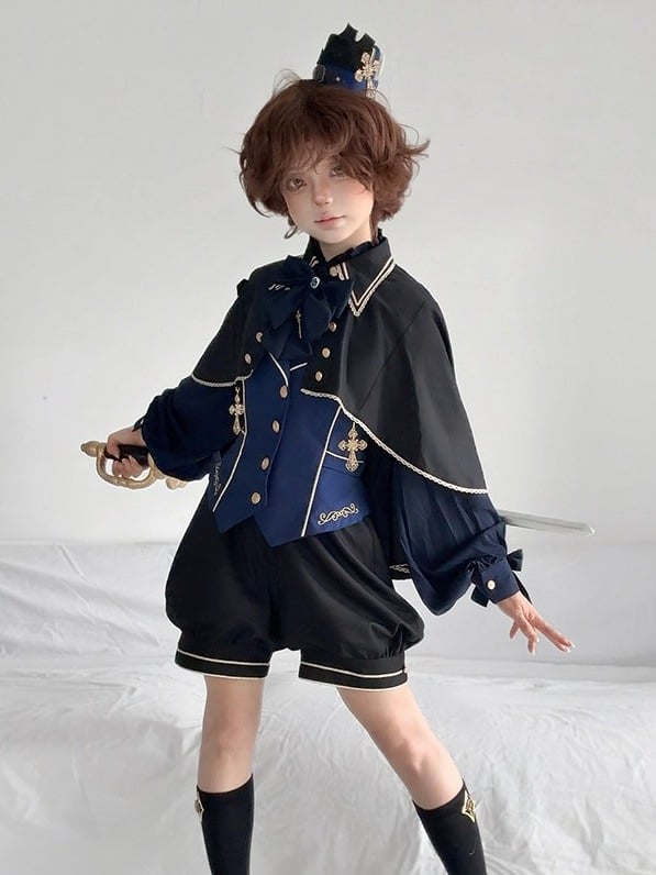 4-Piece Ouji Lolita Ensemble Blue & Black Vest Blouse Shorts Set - Castle Too