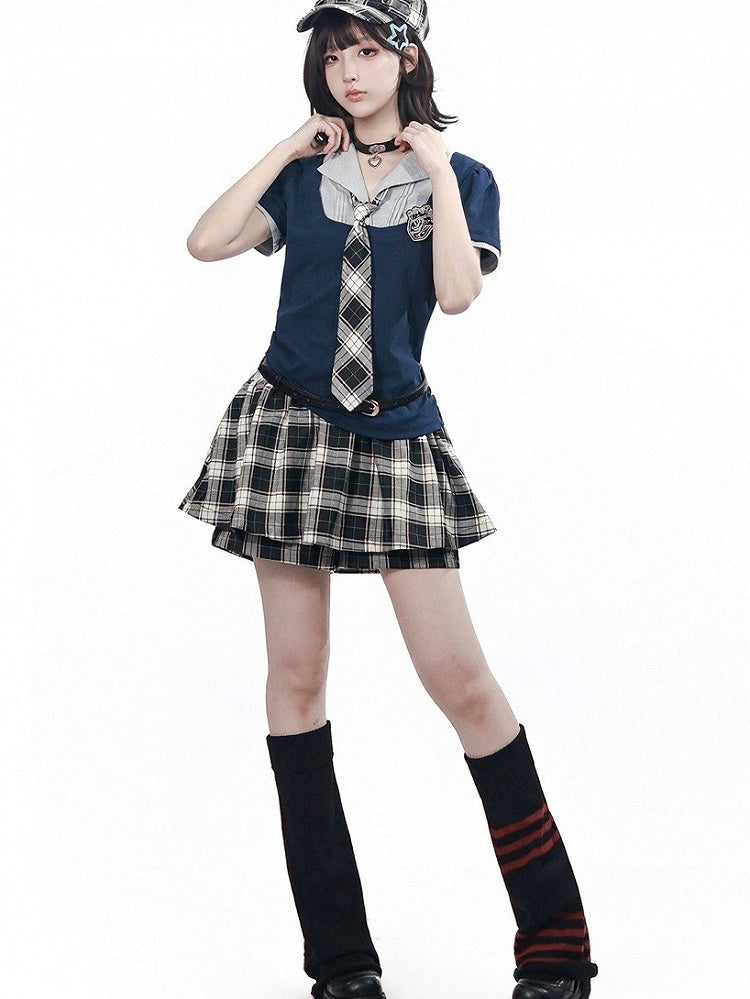 Blue Preppy Two-Piece Fitted Short Sleeve Top with Badge - PINK SAVIOR