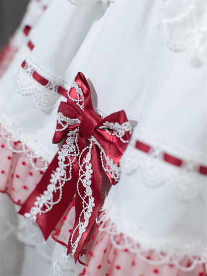 Weiß und Weinrot Schnürung Schleife Akzente Spitzenbesatz Süßes Prinzessinnenkleid Lolita Pulloverrock