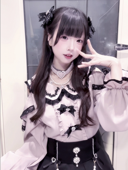 Detachable Design Choker Pink Trim Black Lace Jirai Kei Peter Pan Collar Cutout Shoulder Contrast Blouse with