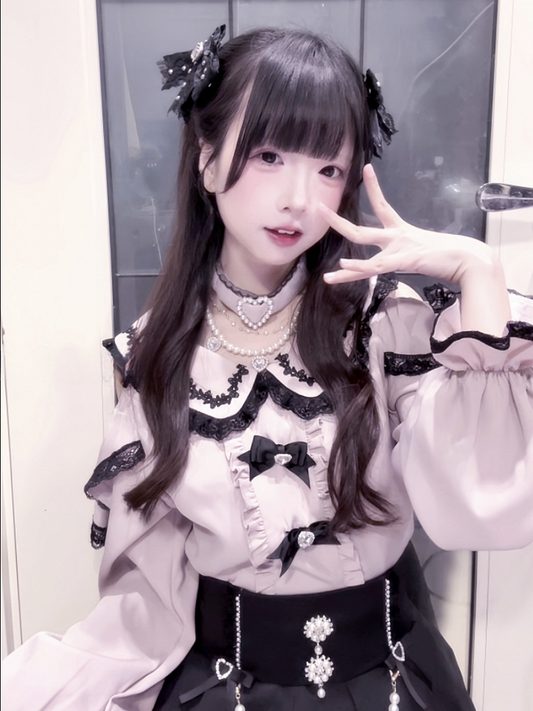 Detachable Design Choker Pink Trim Black Lace Jirai Kei Peter Pan Collar Cutout Shoulder Contrast Blouse with