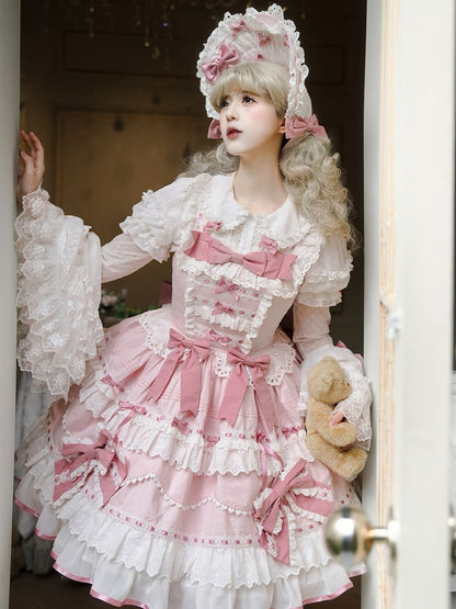 Rosa Ärmel Bluse Glocke Lange Schleifen Verziert Layered Weiß