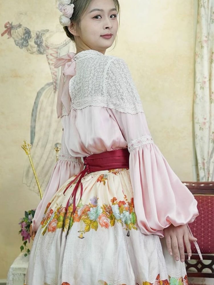 Pink Blouse Wine Red Crystal Tassel Floral Skirt Set