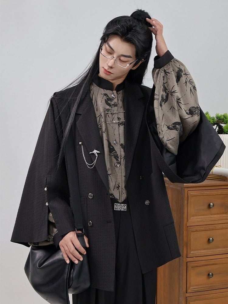 Chinese Placket Cuff Blazer Sleeve Style Black Button in Vents Breasted Double