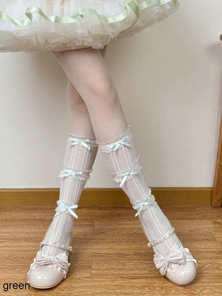 Lolita Calf Socks with Striped Ruffle & Bow Accents, 6-Color Options - Fat Bear Story