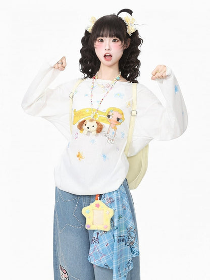 White Breathable Long Sleeve Top with Cartoon Girl Print - Languid Park