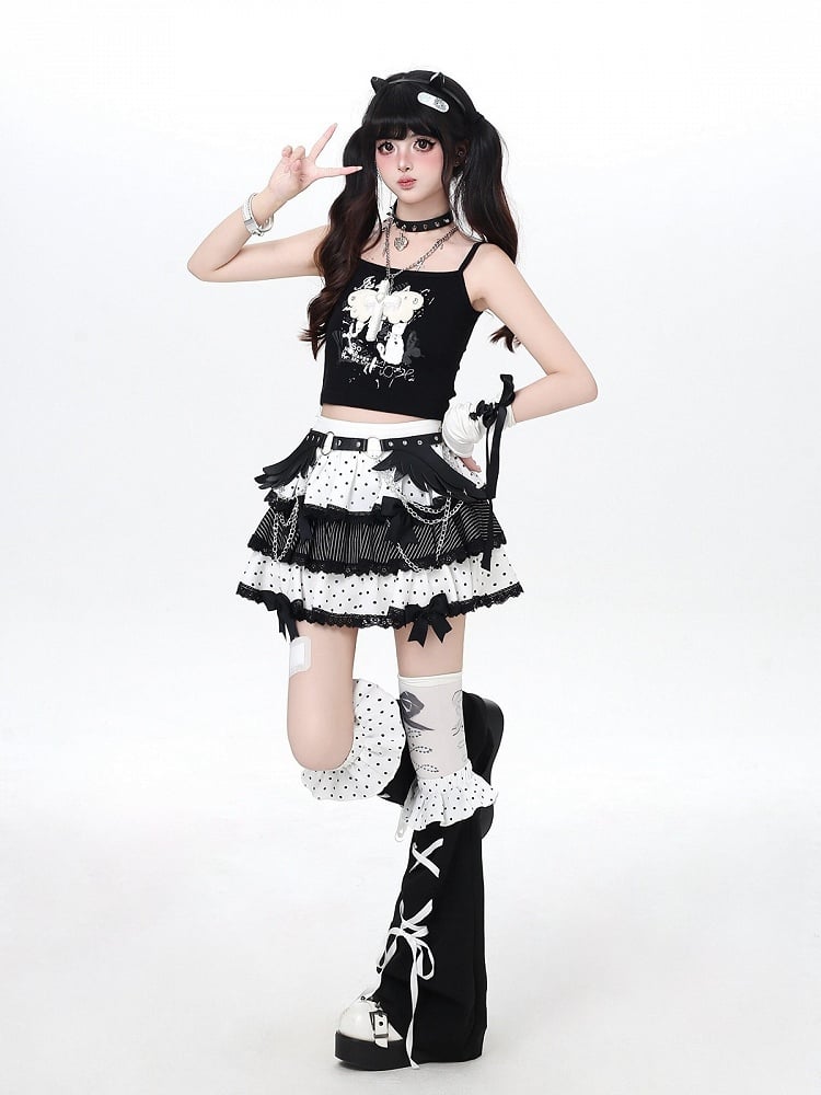 White Polka Dot Tiered Skirt with Bow & Lace & Leg Warmers - CRAZY GIRL