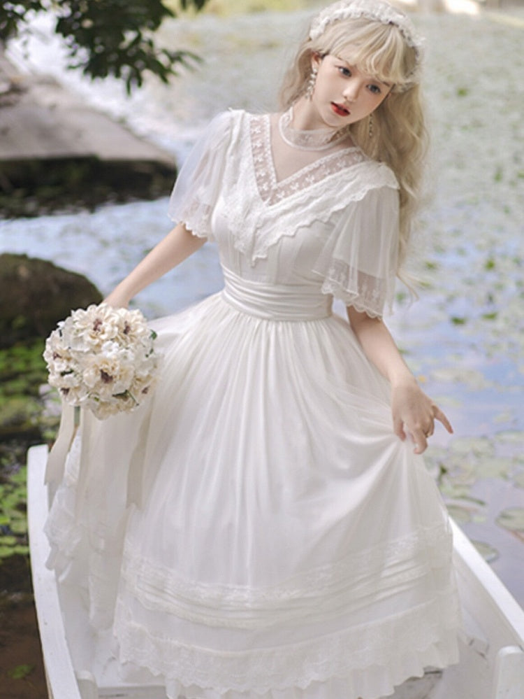 Elegant Vintage White V-Neck Short Sleeve Lolita Dress with Lace Details