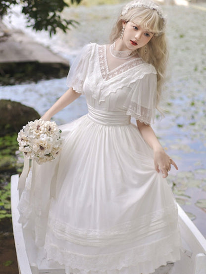 Elegant Vintage White V-Neck Short Sleeve Lolita Dress with Lace Details