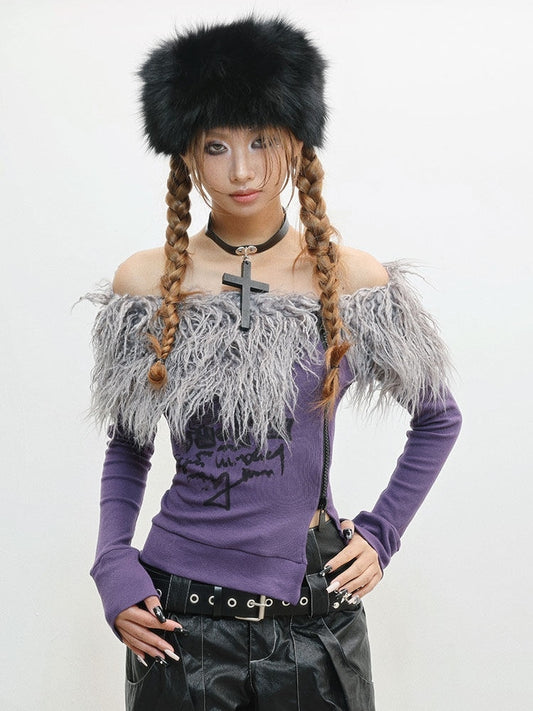Off-the-shoulder Top - Purple Detail Neckline Punk Edge Raw