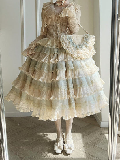 Details with Tulle Flower Multi-Layered Blue Lolita Beige Elegant Skirt Embroidery