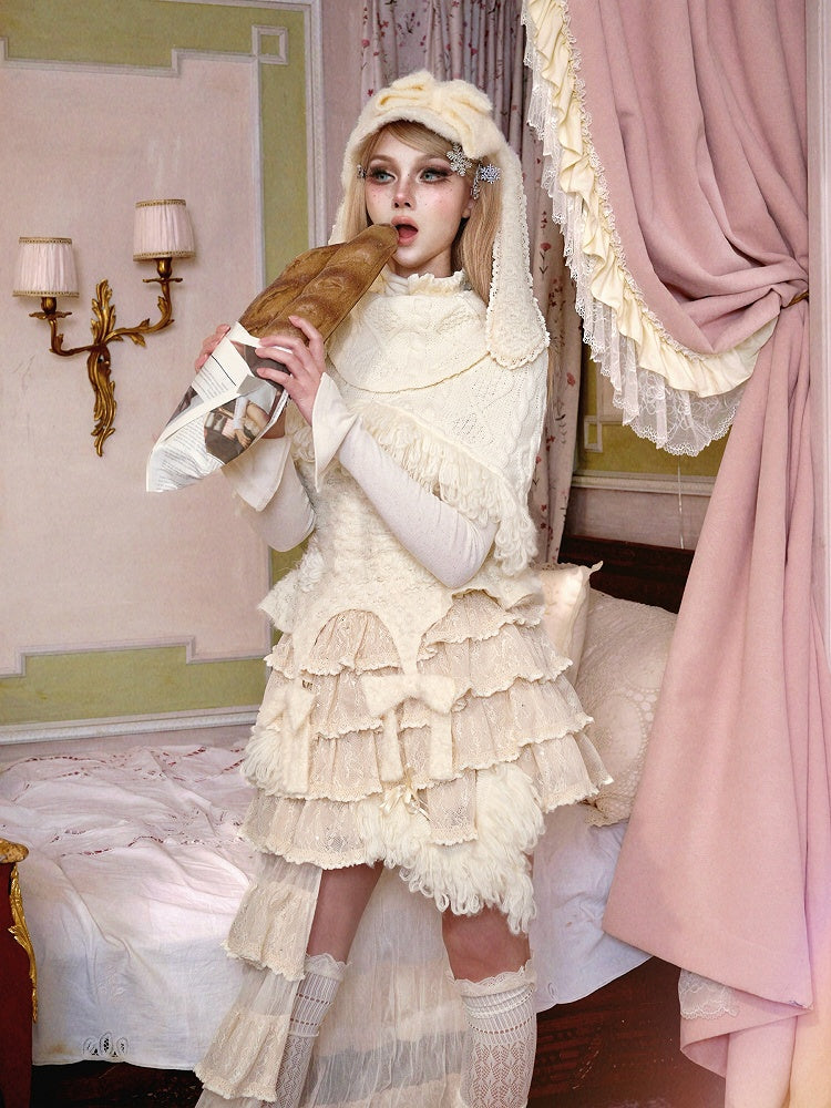 Cable Knit Shawl Cream White Fringe-Edged with Thick