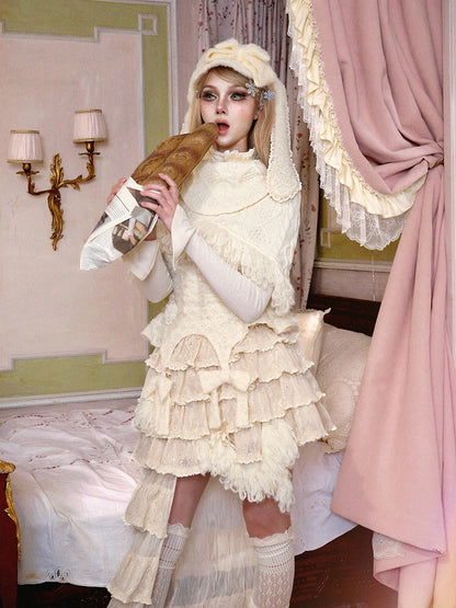 Cable Knit Shawl Cream White Fringe-Edged with Thick