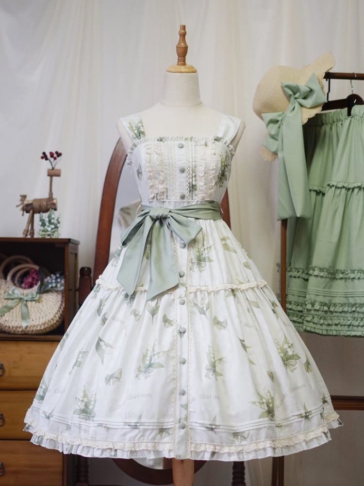 Robe d'été fleurie vert clair à imprimé muguet, jupe pull Kei Lolita naturelle