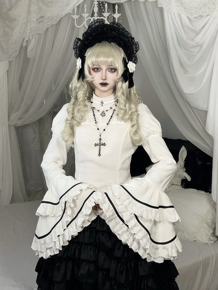 Sleeves Layered White Blouse Ruffled Neck Bell