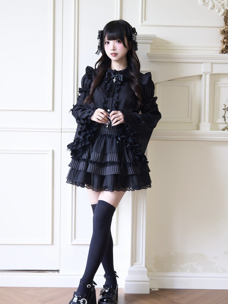 Jirai Kei Peter Sleeves Lolita Ruffled Lace Trim Pan Collar Black Blouse with Detachable Bell Gothic Bowknot