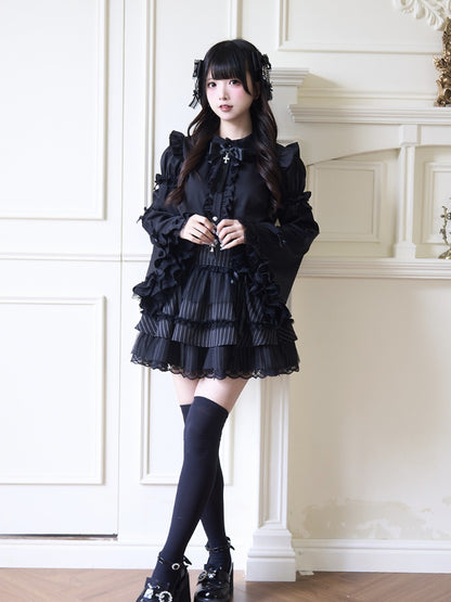 Jirai Kei Peter Sleeves Lolita Ruffled Lace Trim Pan Collar Black Blouse with Detachable Bell Gothic Bowknot