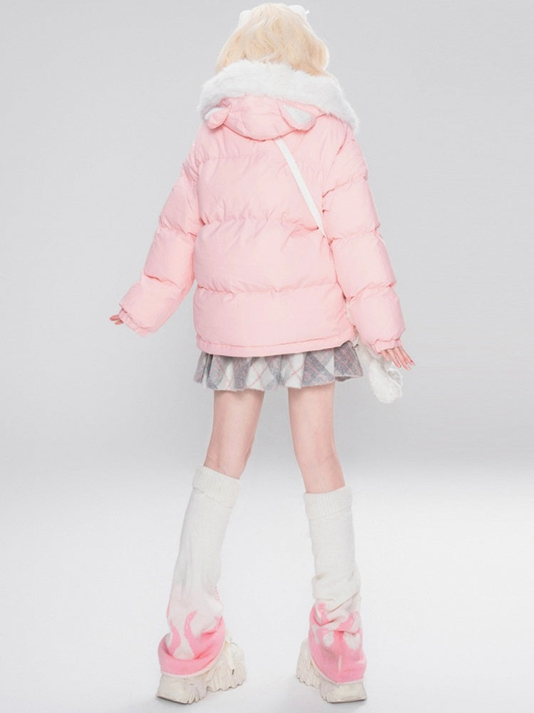 Black/Pink Letters Cat Ears Design Hooded Puffer Jacket