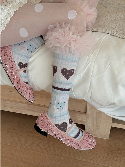 Socks Tulle Sweet Ruffle Pattern Heart Pink with Trim Calf