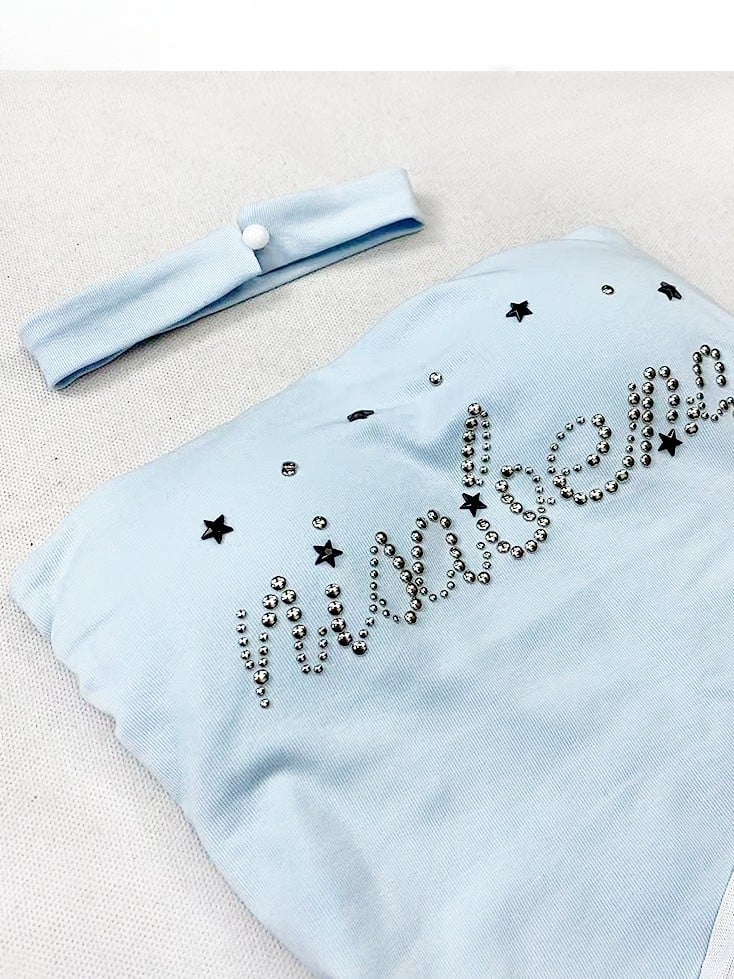 トップヘムチューブラインストーン装飾文字グラマラスY2Kブルーアシンメトリー