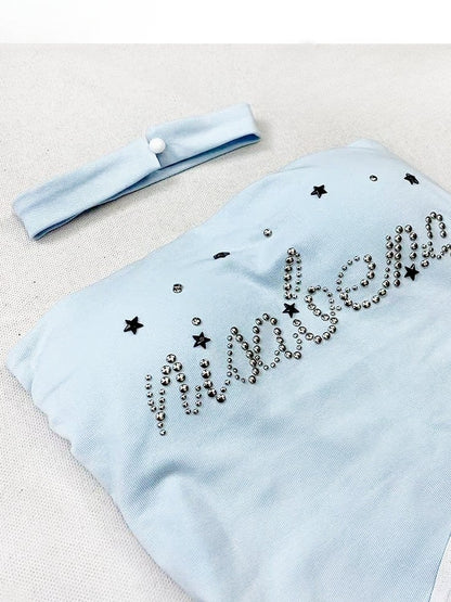 トップヘムチューブラインストーン装飾文字グラマラスY2Kブルーアシンメトリー