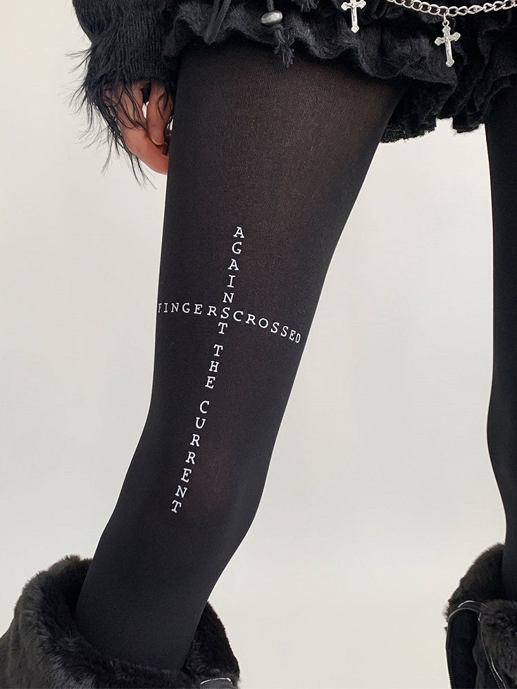 Print Text Black Tights Opaque Cross
