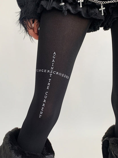 Print Text Black Tights Opaque Cross