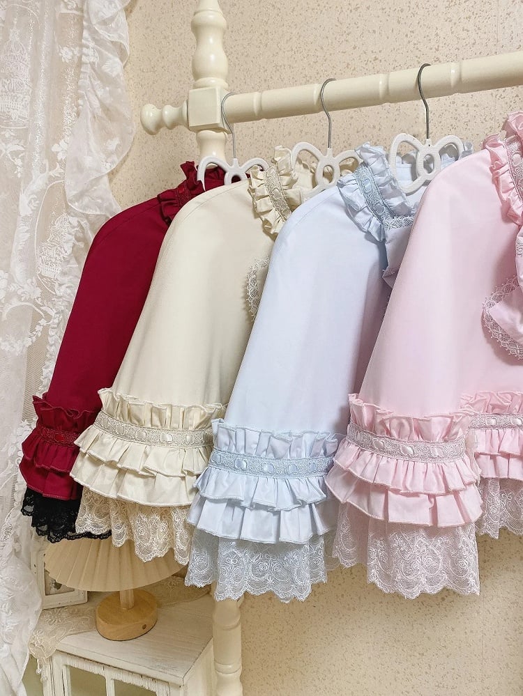 and Red Wine Beige Ruffle / Blue Accent Lace Cape Pink