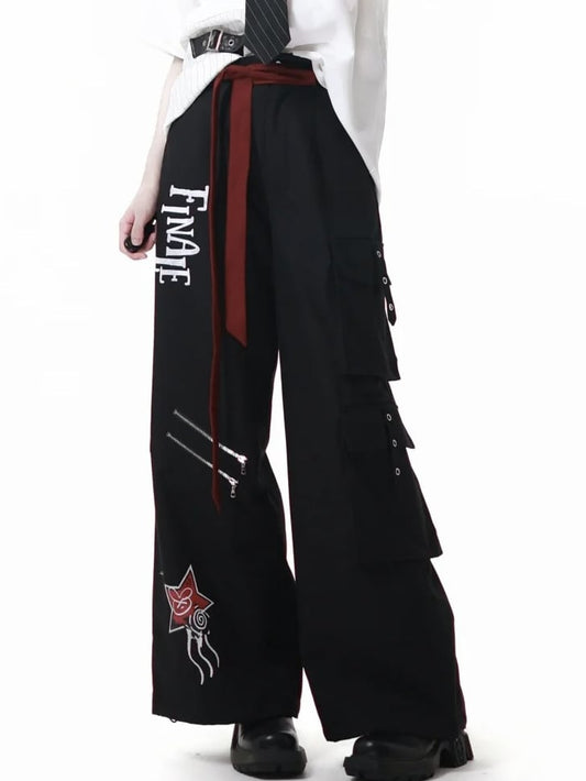 Straight-leg Cargo Black Double Zippers Drawstring Cuffs Pants