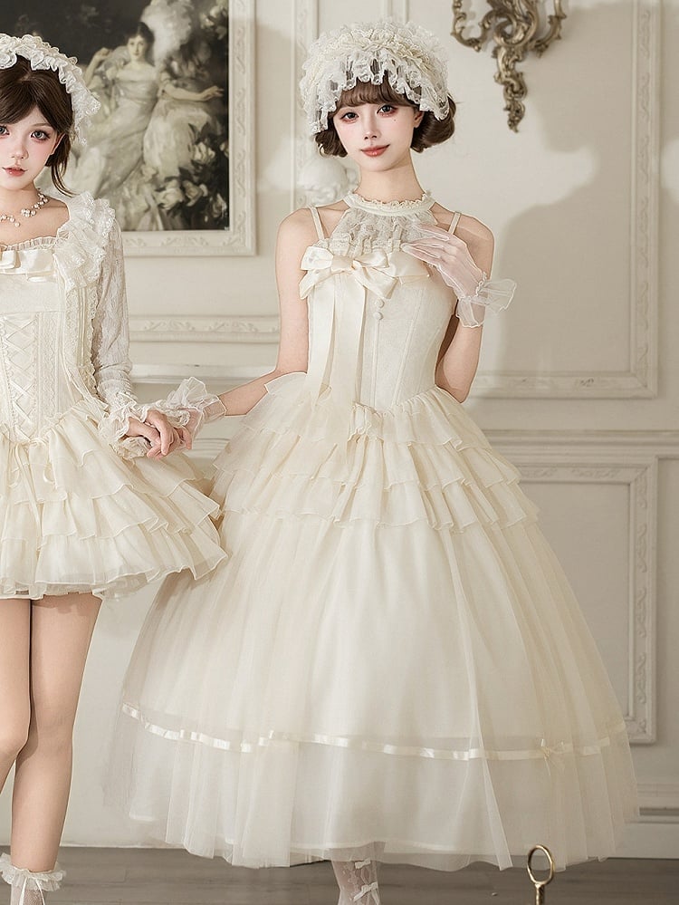 Beige Lolita Halter Top with Detachable Lace Sleeves - With PUJI