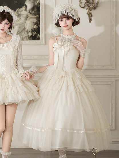 Beige Lolita Halter Top with Detachable Lace Sleeves - With PUJI