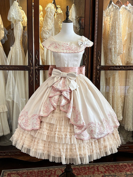the Pink Lolita Embroidery Beige Classic with Elegant Valley of Lily Dress