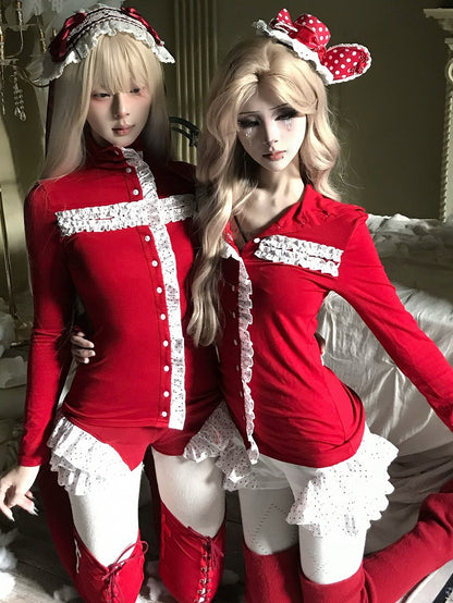 Front Polka Ruffled White Sleeves Red Gothic High-Neck - Top Christmas Cross Dot Button Long