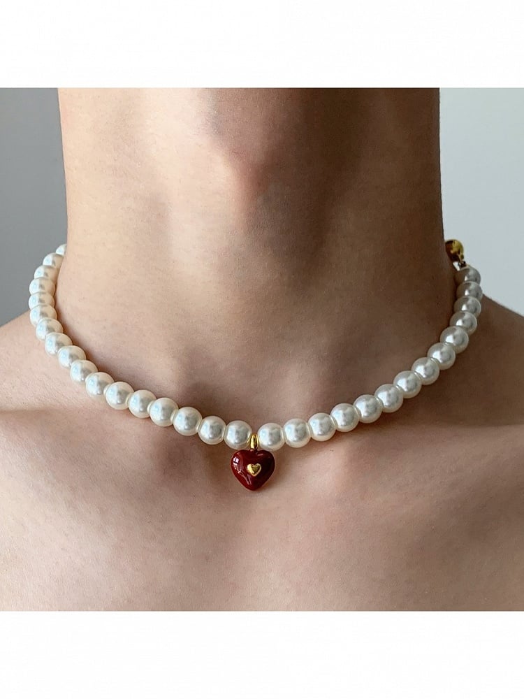 Red Heart Pendant Necklace with White Pearls - YSHXS