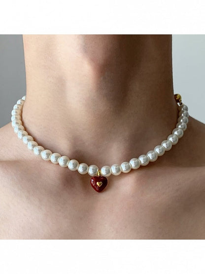 Red Heart Pendant Necklace with White Pearls - YSHXS