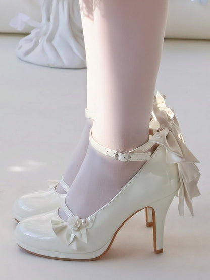 with White - Lolita Embellishments Elegant Mary Janes Design High-heel Rose Ruffle