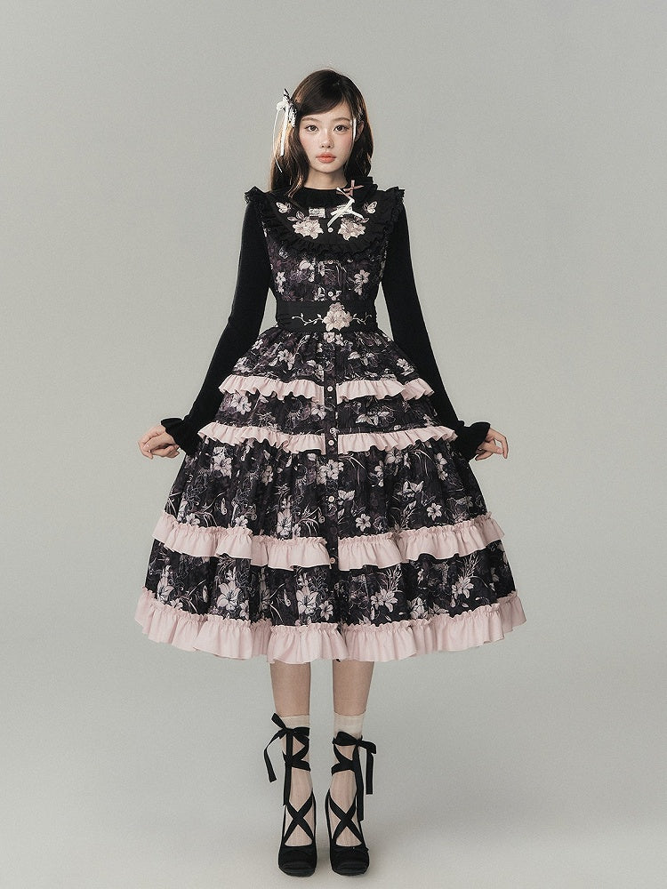 Black Knit Top with Ruffle Collar, Long Sleeves & Pink Bow Accent - Yimu Walnut