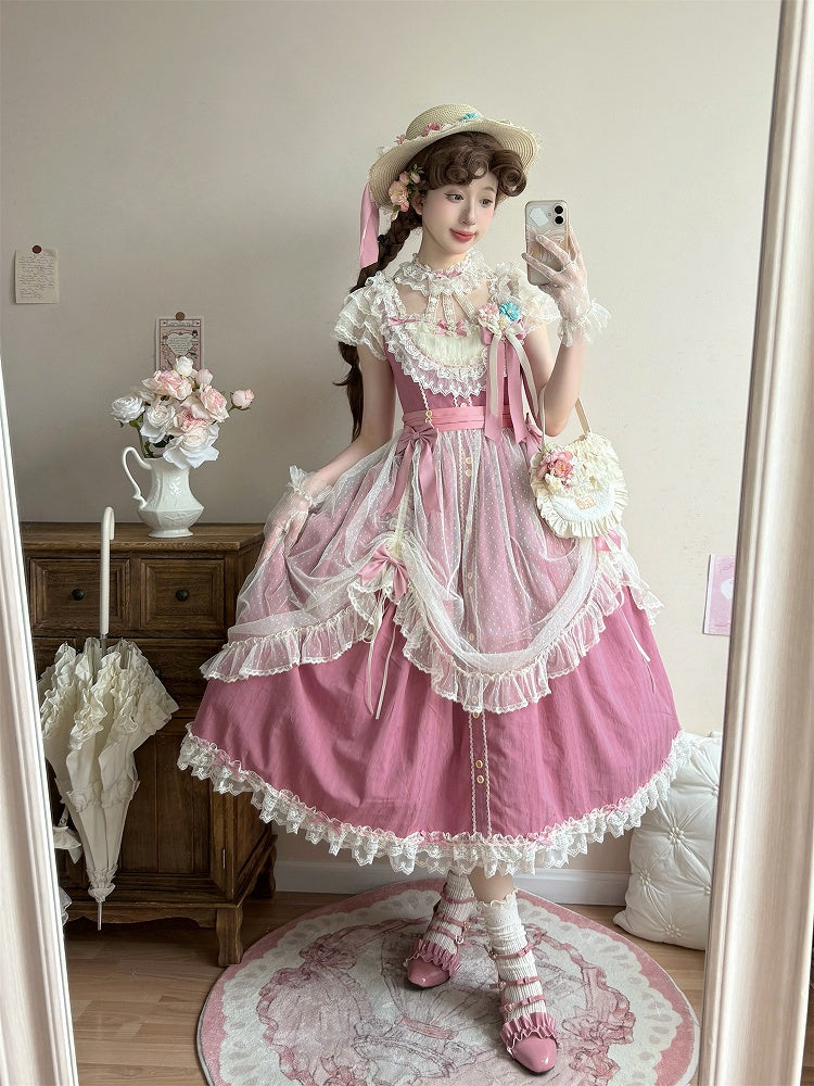 Elegant Bow Lolita Version with Dress Classic Details Lace and Long Pink Rose