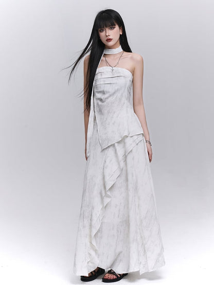 Off-white Side Strapless Top / Elastic Waist Scarf Slit with