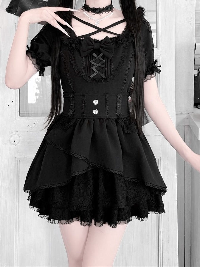 Jirai-Kei Black High-Waisted Lace Skirt - Jiuniang Cherry