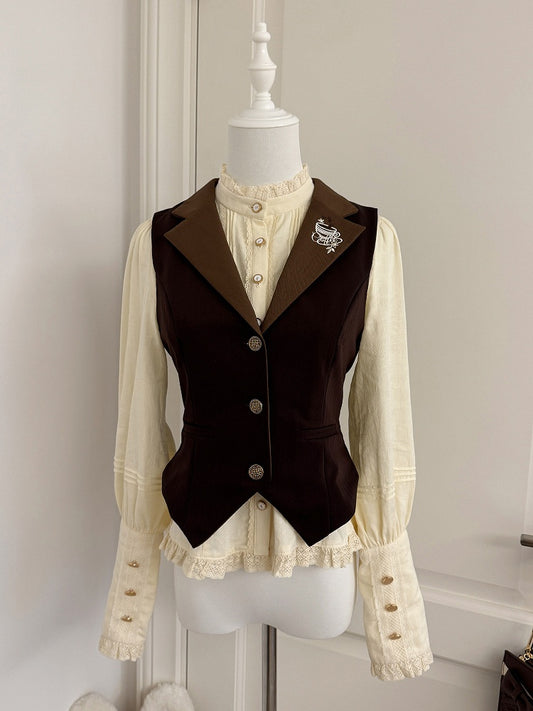 Brown Lapel Collar Coffee Cup Embroidery Striped Elegant Waistcoat - Dream Whale