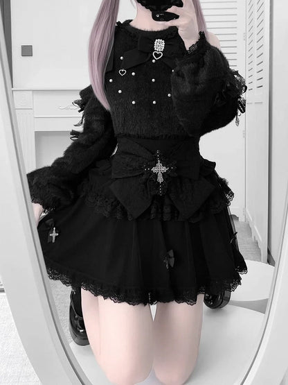 - Skirt Design with Jirai Kei Black Bow Tiered Cross Lace Tulle Edging