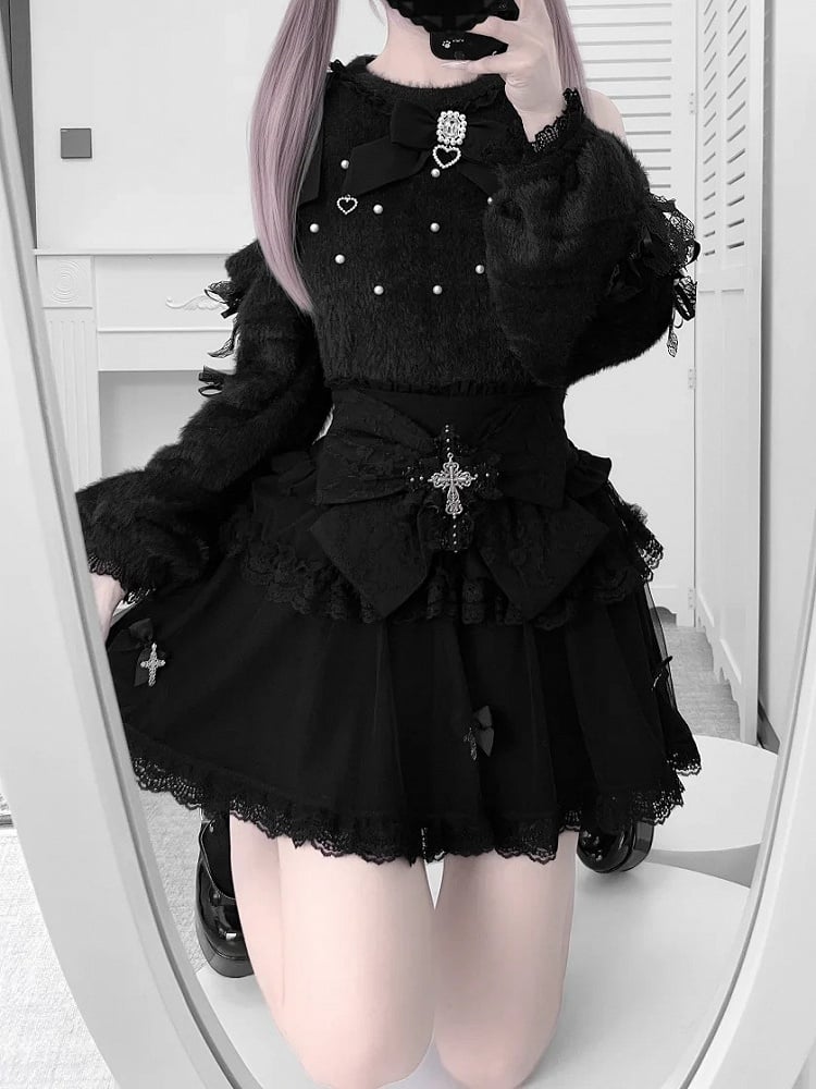 Black Jirai Kei Sweater - Bow Sleeve with Beadwork & Cutout Shoulder