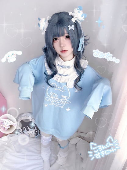 with Collar Kitten Sweatshirt and Print Frog Button Style Detachable Angelic Cheongsam Blue/Black Landmine