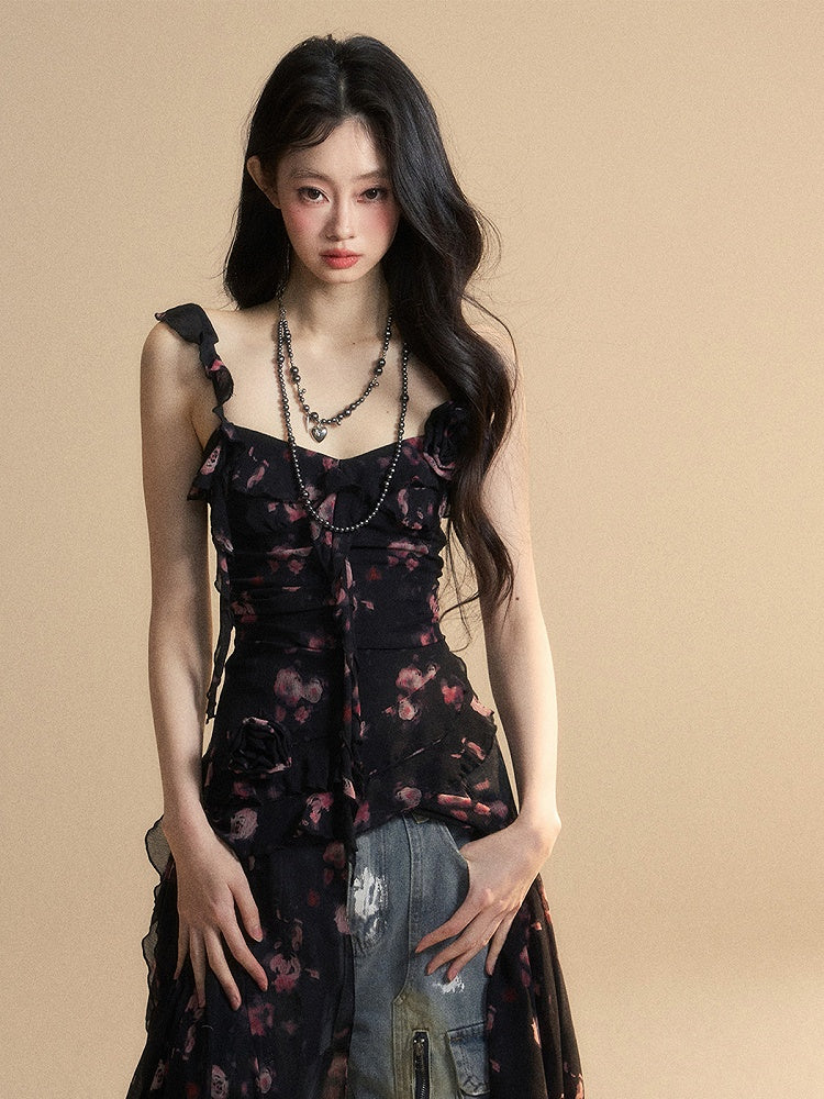 ブラック スウィートハートネックライン ノースリーブ トップス アシンメトリーヘム シフォン フローラル