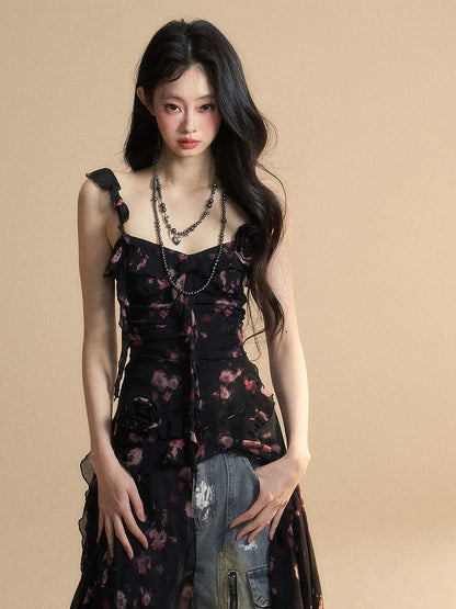 ブラック スウィートハートネックライン ノースリーブ トップス アシンメトリーヘム シフォン フローラル